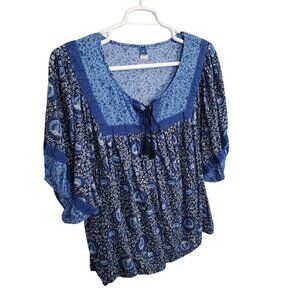 Old Navy 3X Blouse Boho Patchwork Floral Print Peasant Tie Front Lightweight Top